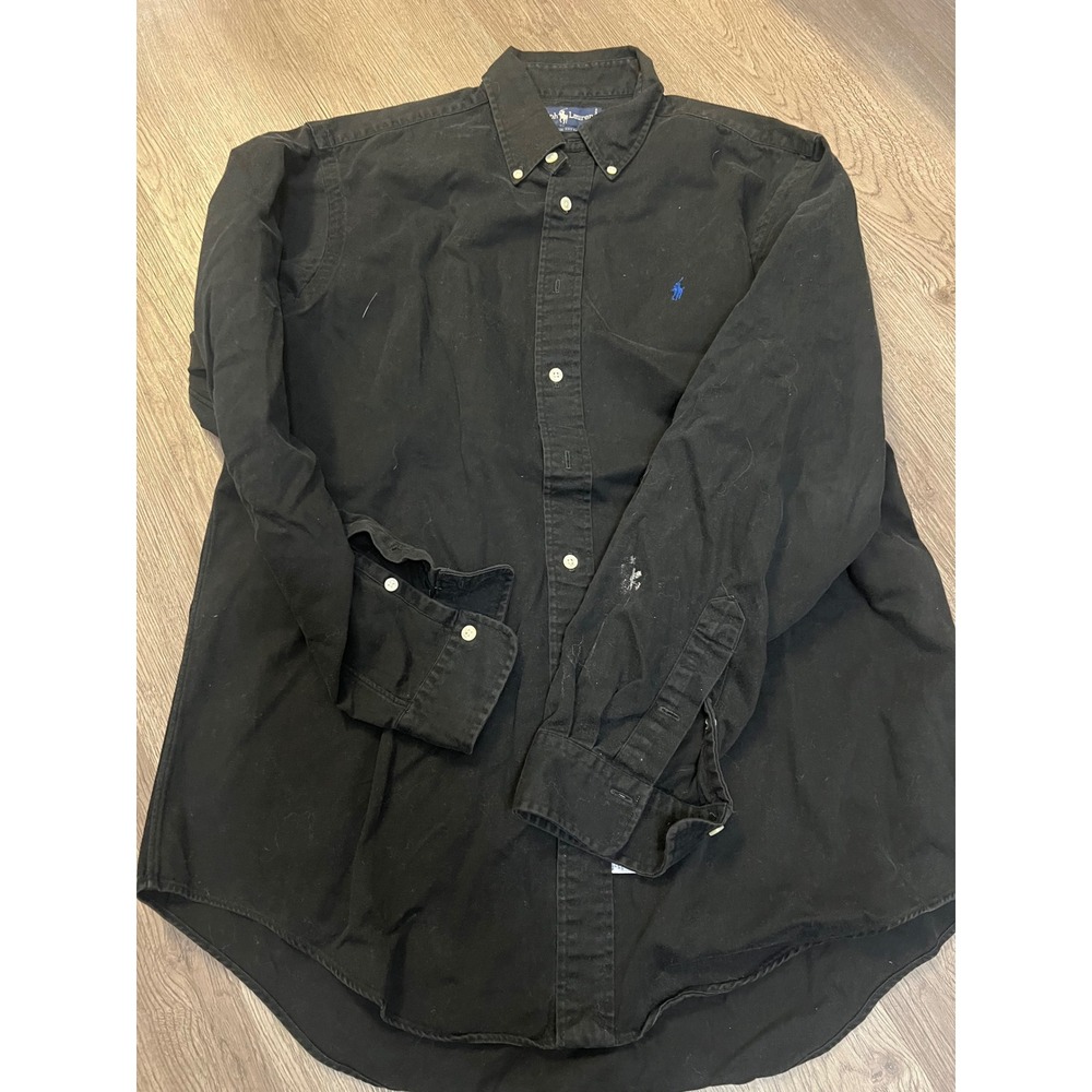 Ralph Lauren Mens Black Cotton Button Down Shirt Long Sleeve Blue Pony Size L